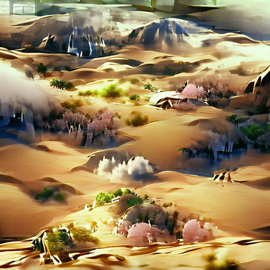 A shimmering oasis in a vast desert