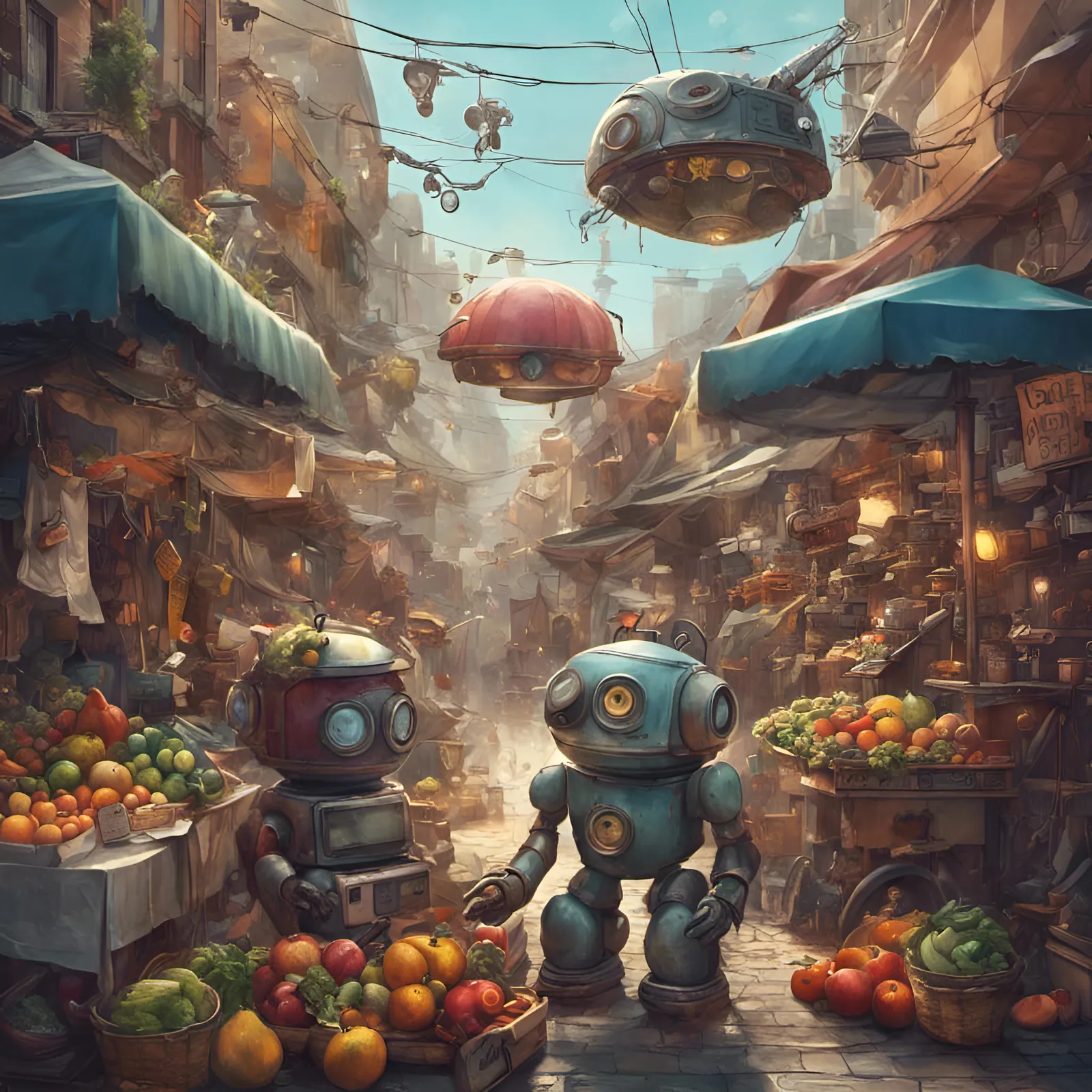 Busy marketplace with androids trading