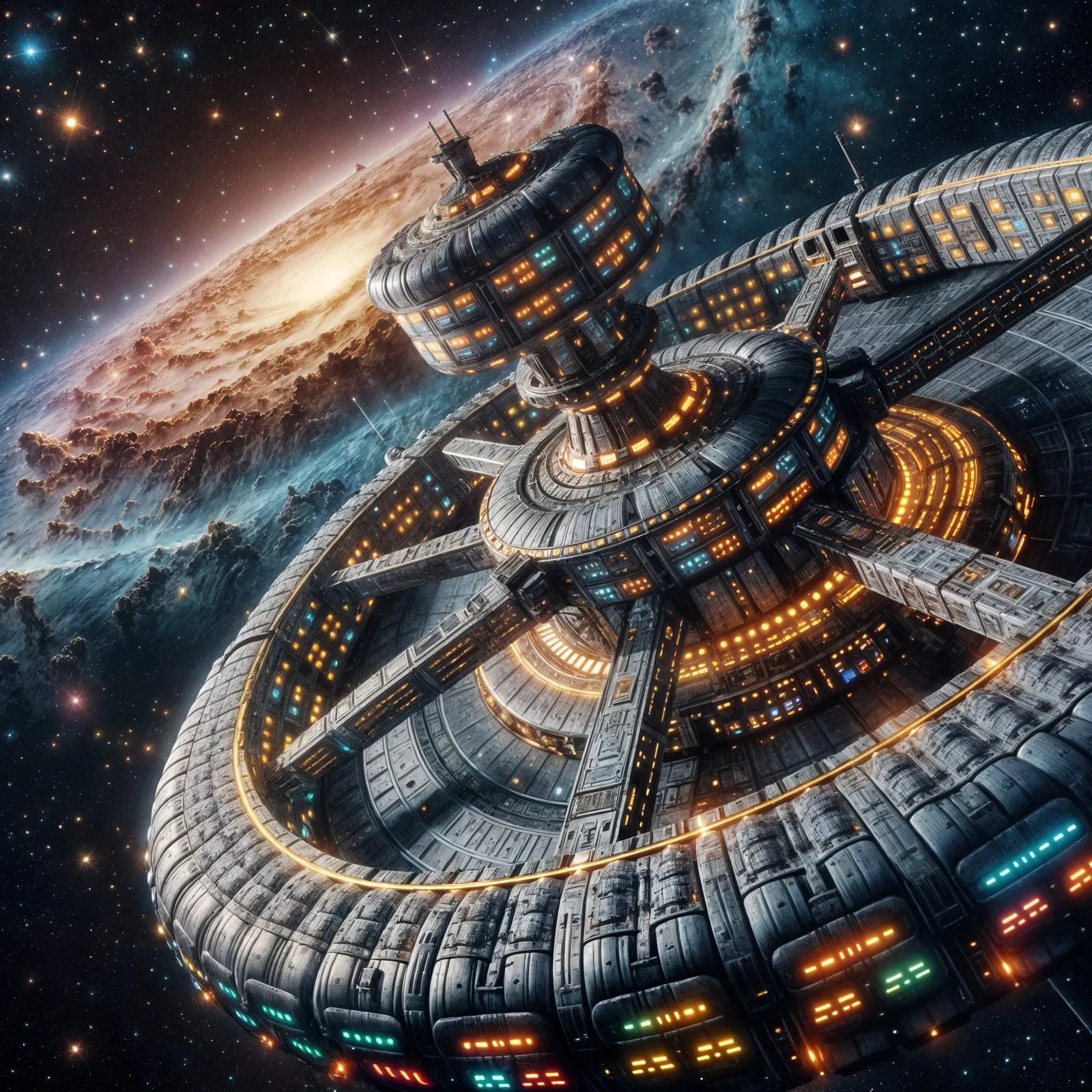 A futuristic space station interior with glowing panels