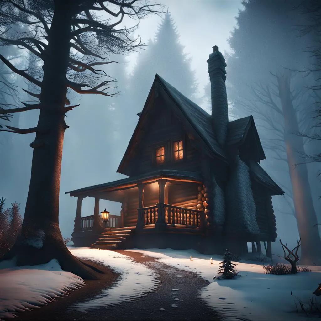 A small cozy cabin surrounded by snow